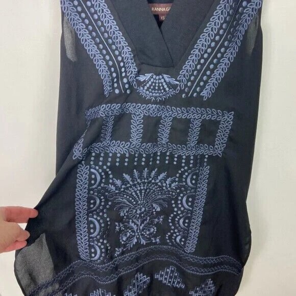 Anthropologie Ranna Gill Black Bohemian Tunic Top‎ Hippie Size XS Blouse Printed - Picture 6 of 12
